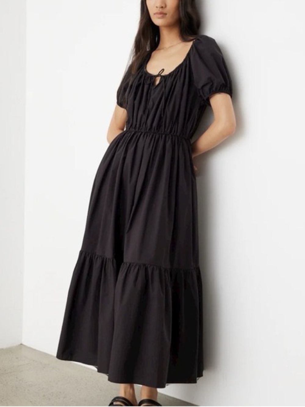 NEW Matteau Organic Cotton Drawcord Midi Dress Black Puff Sleeve Size 1  US 2